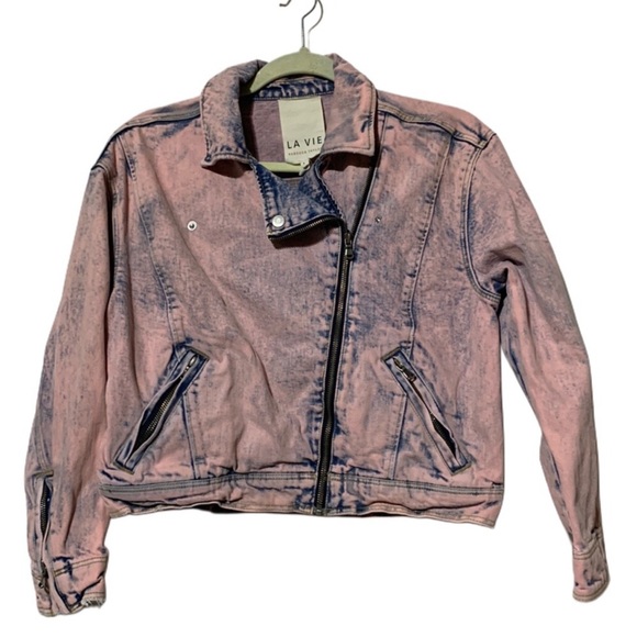 Rebecca Taylor Pink and Blue Jean Denim Jacket Moto Bomber Stone Wash size Small - Picture 1 of 8